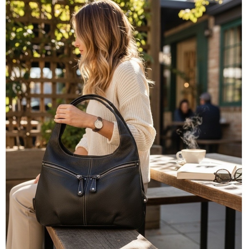 Tignanello Black Pebbled Leather Hobo Shoulder Bag Contrast Stitch Zippers #324G